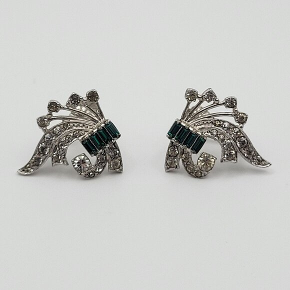 Otis Vintage Sterling Silver Clip On Earrings Emerald Green Rhinestone Signed - Picture 1 of 7